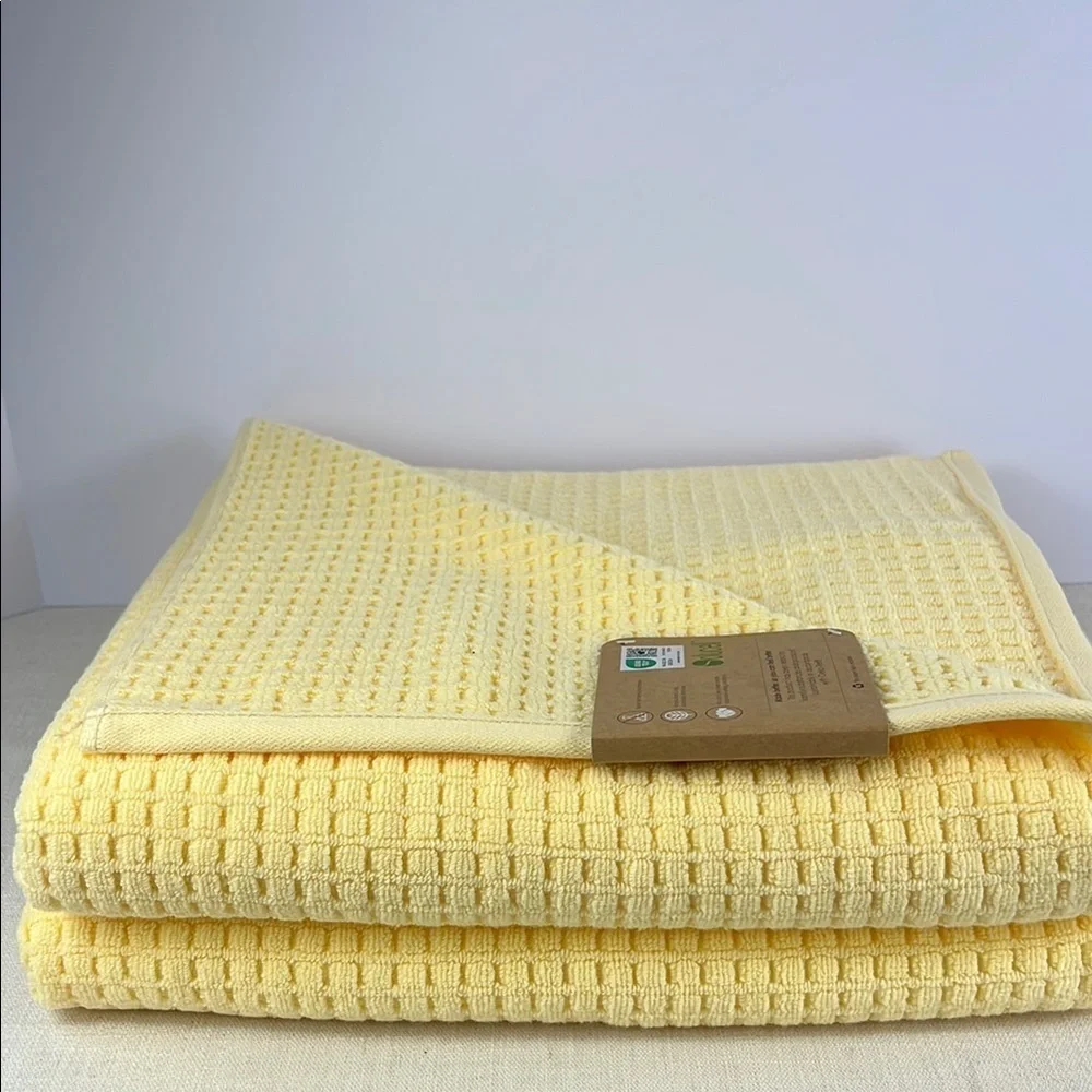 Ecoexistence Oversized Bath Towel Set Waffle Weave Yellow 100% Cotton 2 Pc NEW